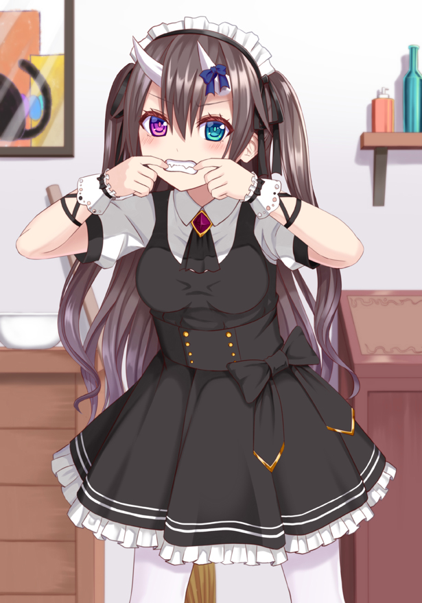 1girl bangs black_bow black_dress black_ribbon blue_bow blush bow brown_hair clenched_teeth collared_shirt commentary_request dress eyebrows_visible_through_hair fangs finger_in_mouth frilled_dress frills green_eyes hair_between_eyes hair_ribbon heterochromia horn_bow horns indoors long_hair looking_at_viewer maid_headdress original pantyhose pleated_dress puffy_short_sleeves puffy_sleeves ribbon shirt short_sleeves sleeveless sleeveless_dress solo standing teeth tsukino_neru two_side_up very_long_hair violet_eyes white_legwear white_shirt wrist_cuffs