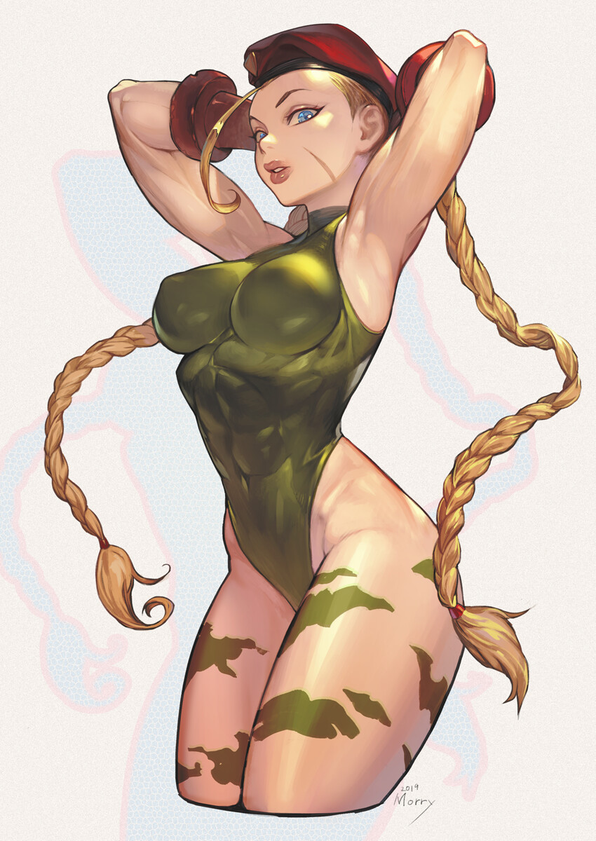 1girl ahoge antenna_hair armpits arms_behind_head arms_up beret blonde_hair blue_eyes bodypaint braid breasts cammy_white camouflage covered_navel covered_nipples cowboy_shot dated garrison_cap gloves green_leotard hat highleg highleg_leotard highres huge_ahoge leotard lips lipstick long_hair looking_at_viewer makeup medium_breasts morry parted_lips red_lips red_lipstick ribbed_leotard scar signature simple_background solo street_fighter street_fighter_ii_(series) thick_thighs thighs thong_leotard twin_braids
