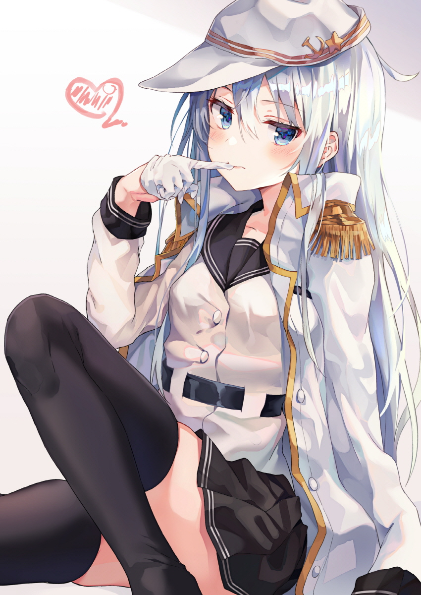 1girl belt black_legwear black_sailor_collar black_skirt blue_eyes convenient_leg epaulettes flat_cap gloves hair_between_eyes hand_up hat hibiki_(kantai_collection) highres huwali_(dnwls3010) jacket_on_shoulders kantai_collection knee_up long_hair looking_at_viewer miniskirt pleated_skirt sailor_collar shirt silver_hair skirt solo star thigh-highs verniy_(kantai_collection) white_background white_coat white_gloves white_headwear white_shirt