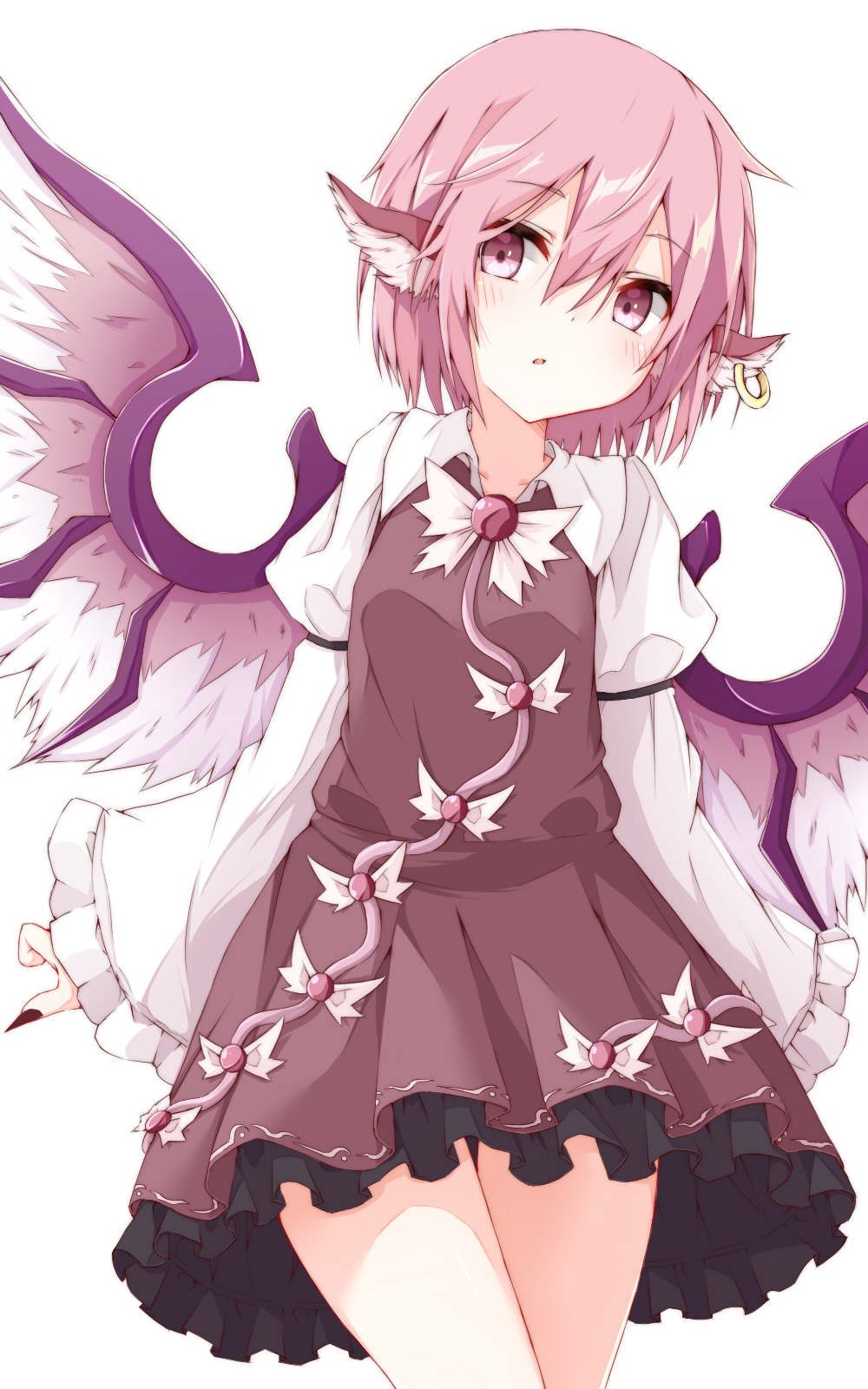 1girl animal_ears bird_wings black_nails breasts brown_dress cowboy_shot dress fingernails hair_between_eyes head_tilt highres jewelry juliet_sleeves long_fingernails long_sleeves looking_at_viewer medium_hair mystia_lorelei nankotsu no_hat no_headwear pink_eyes pink_hair puffy_sleeves sharp_fingernails simple_background single_earring small_breasts solo touhou white_background wide_sleeves wings