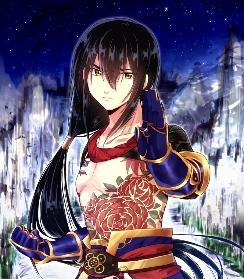 1boy black_hair fate/grand_order fate_(series) fighting_stance gauntlets hair_between_eyes long_hair male_focus monyoe ponytail shirtless solo tattoo yan_qing_(fate/grand_order) yellow_eyes