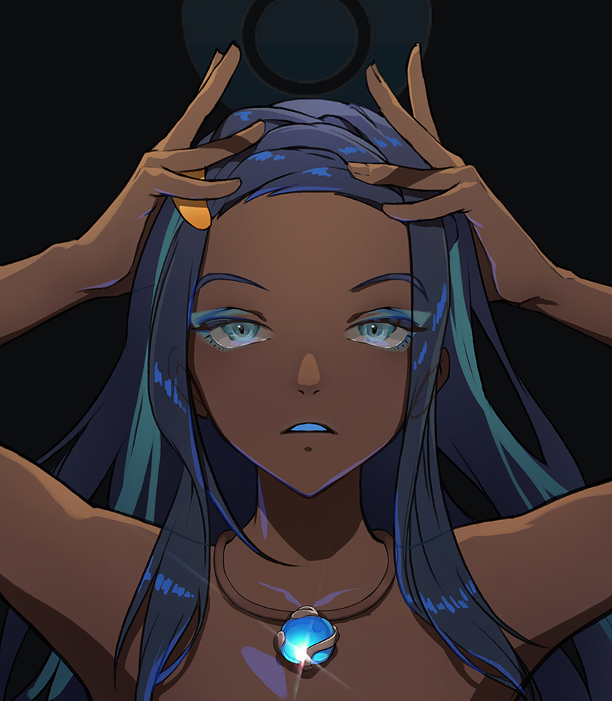 1girl aqua_eyes aqua_hair bare_arms bare_shoulders black_background black_hair blue_hair braid dark_skin gem glint hair_ornament hairclip hands_on_own_head hands_up highlights jewelry kyoungi_nyang long_hair looking_at_viewer makeup mascara multicolored_hair necklace parted_lips pokemon pokemon_(game) pokemon_swsh portrait rurina_(pokemon) simple_background solo streaked_hair two-tone_hair