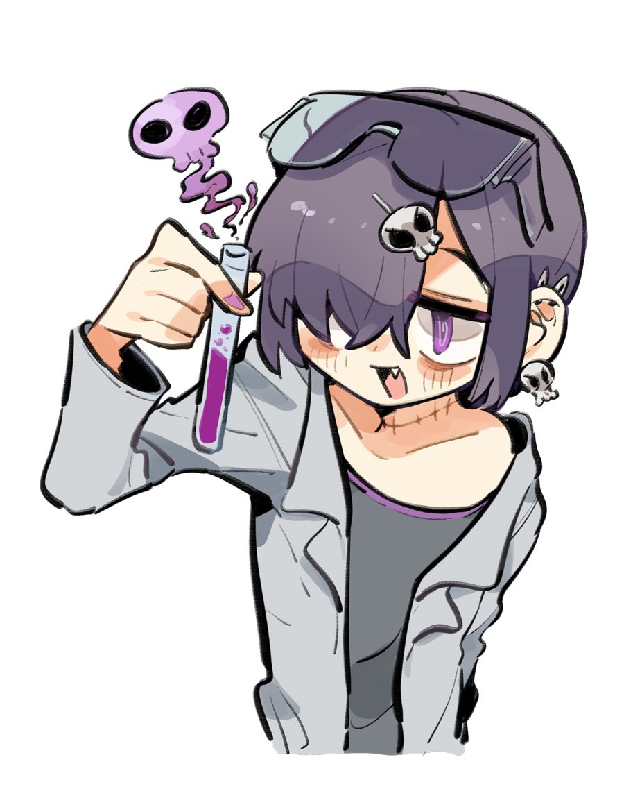 1boy collarbone earrings fang hair_ornament hair_over_one_eye jewelry labcoat looking_to_the_side nail_polish neko_860 original otoko_no_ko purple_hair safety_glasses shirt short_hair simple_background skull_hair_ornament solo stitches vial violet_eyes