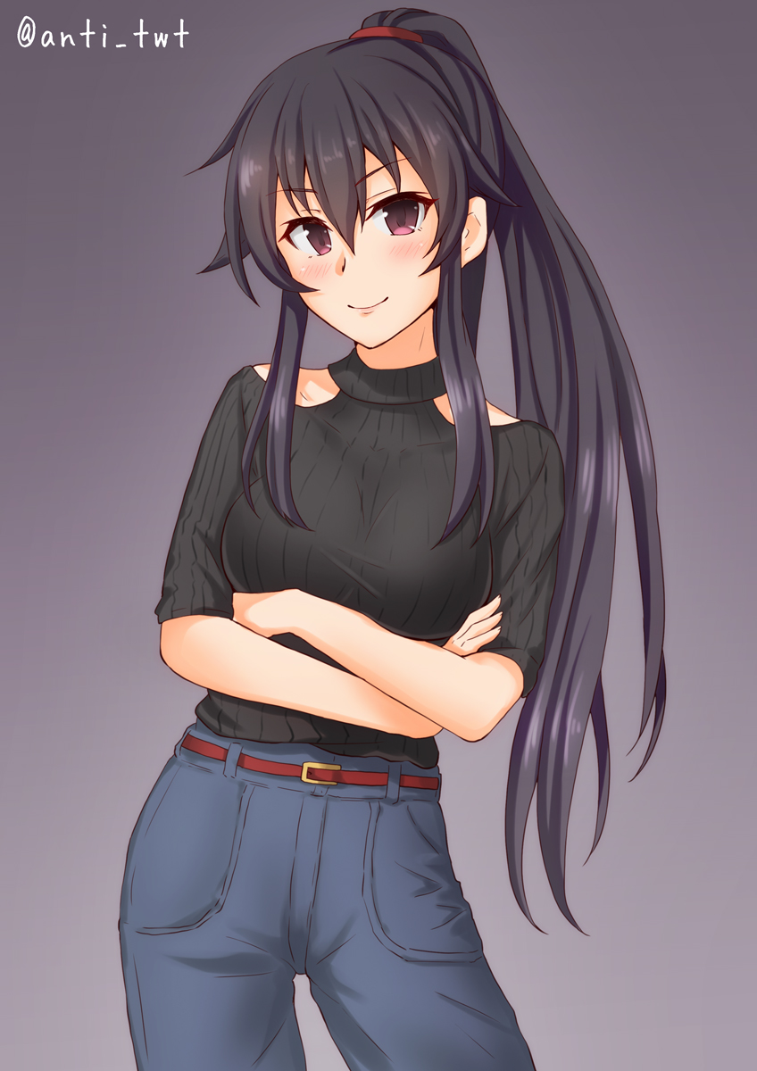 1girl alternate_costume anti_(untea9) belt black_hair black_sweater blush breasts cowboy_shot crossed_arms denim highres jeans kantai_collection large_breasts long_hair looking_at_viewer pants ponytail red_eyes ribbed_sweater scrunchie smile solo sweater twitter_username yahagi_(kantai_collection)