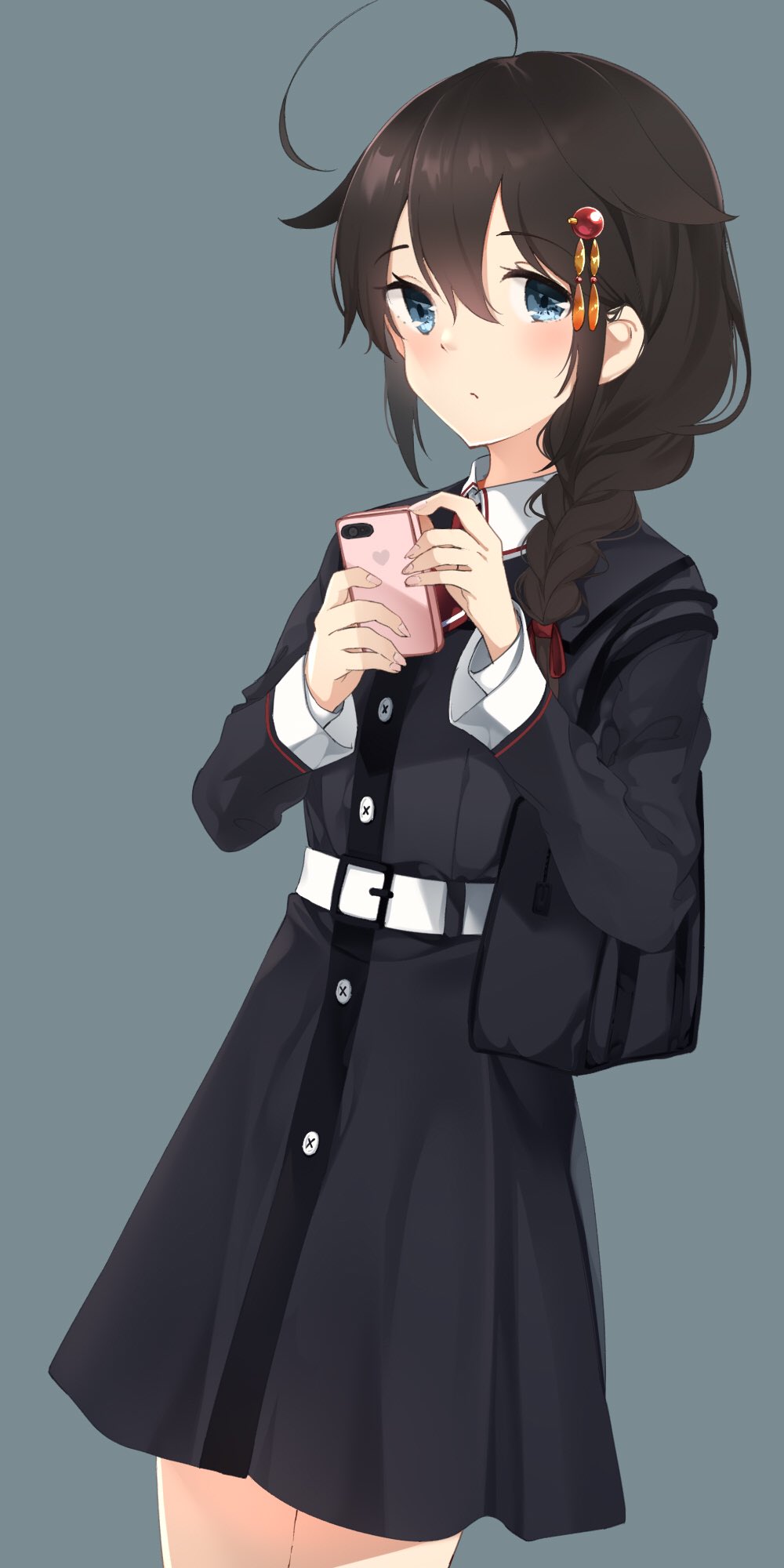 1girl ahoge alternate_costume belt black_bag black_dress black_hair blue_background blue_eyes braid cellphone cowboy_shot dress hair_flaps hair_ornament hair_over_shoulder highres holding holding_phone kantai_collection long_hair looking_at_viewer neko_ame phone remodel_(kantai_collection) shigure_(kantai_collection) simple_background single_braid smartphone solo white_belt