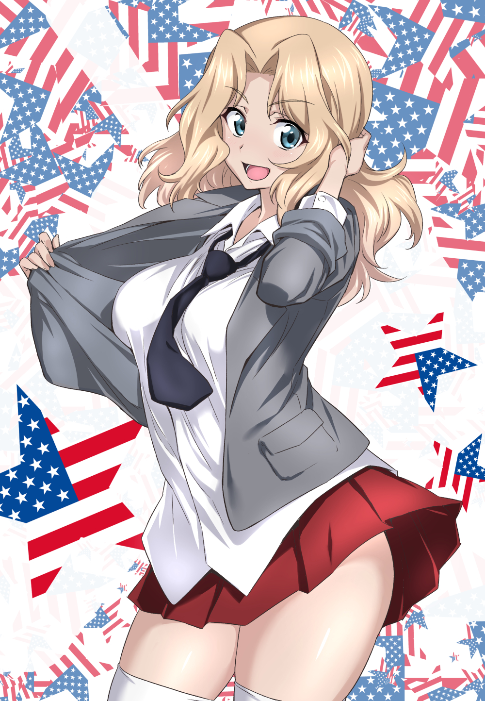 1girl blonde_hair blouse blue_eyes collared_blouse commentary flag_background girls_und_panzer grey_jacket hair_intakes highres jacket kay_(girls_und_panzer) long_hair nakahira_guy necktie open_clothes open_jacket pleated_skirt red_skirt saunders_school_uniform school_uniform shirt skirt thigh-highs untucked_shirt white_blouse white_legwear