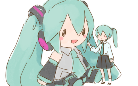 aqua_hair aqua_neckwear bare_shoulders black_legwear black_skirt black_sleeves blush_stickers character_doll commentary_request detached_sleeves expressionless full_body grey_shirt hair_ornament hand_up hatsune_miku headphones long_hair lowres necktie open_mouth oversized_object pleated_skirt sangatsu_youka shirt sitting skirt sleeveless sleeveless_shirt smile socks solid_oval_eyes standing stuffed_toy twintails very_long_hair vocaloid white_shirt