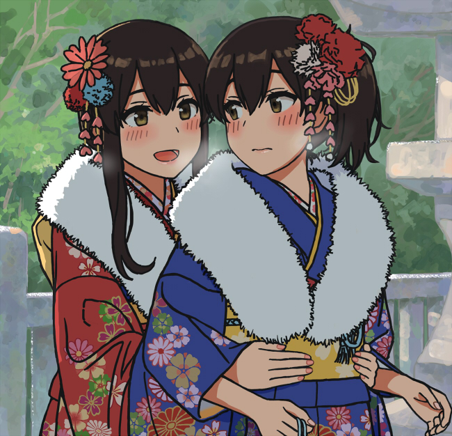 2girls akagi_(kantai_collection) bangs blue_kimono blush breath brown_eyes brown_hair closed_mouth day floral_print flower fur_collar hair_ornament japanese_clothes kaga_(kantai_collection) kantai_collection kimono long_hair multiple_girls obi open_mouth outdoors ponytail red_kimono sash shijukara_(great_tit) side_ponytail sidelocks wide_sleeves