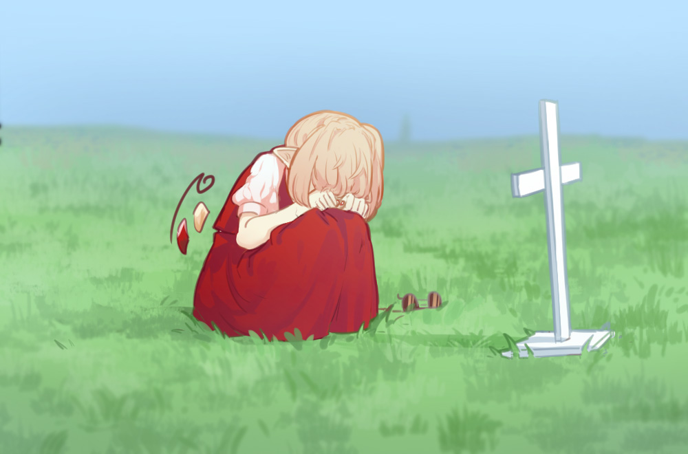 1girl blonde_hair blue_sky commentary cross crystal day english_commentary flandre_scarlet grass grave knees_up no_hat no_headwear one_side_up outdoors pointy_ears puffy_short_sleeves puffy_sleeves red_skirt red_vest shirt short_hair short_sleeves sitting skirt skirt_set sky solo sunglasses touhou vest white_shirt wings yoruny