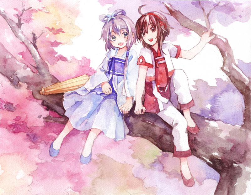 2girls brown_eyes brown_hair cherry_blossoms dress feng_you grey_eyes in_tree luo_tianyi multiple_girls pink_hair sitting sitting_in_tree tree tree_branch umbrella vocaloid vsinger yuezheng_ling