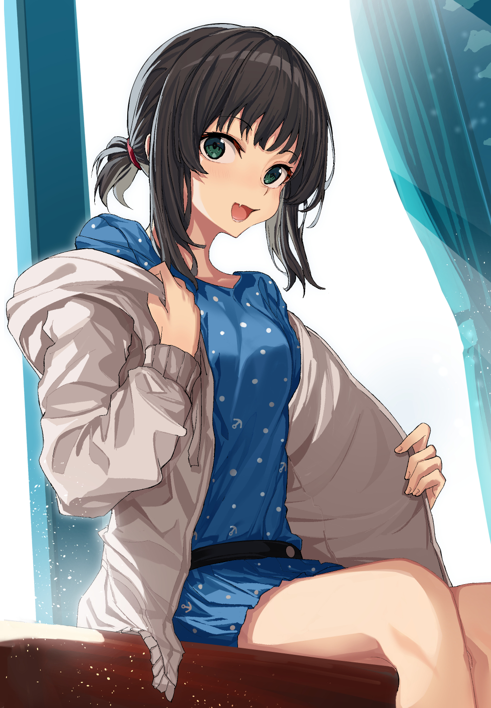 1girl anchor_print bangs belt black_hair blue_dress blush breasts curtains dress eyebrows_visible_through_hair fang fubuki_(kantai_collection) green_eyes highres jacket kantai_collection long_sleeves low_ponytail medium_breasts open_clothes open_jacket open_mouth oweee polka_dot polka_dot_dress ponytail short_ponytail sitting skin_fang solo