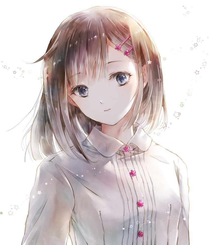 1girl bangs blue_eyes brown_hair buttons eyebrows_visible_through_hair eyelashes hair_ornament hairpin head_tilt light_smile looking_at_viewer misaki_yuu_(misaki_1192) original shirt short_hair simple_background solo star upper_body white_background white_shirt