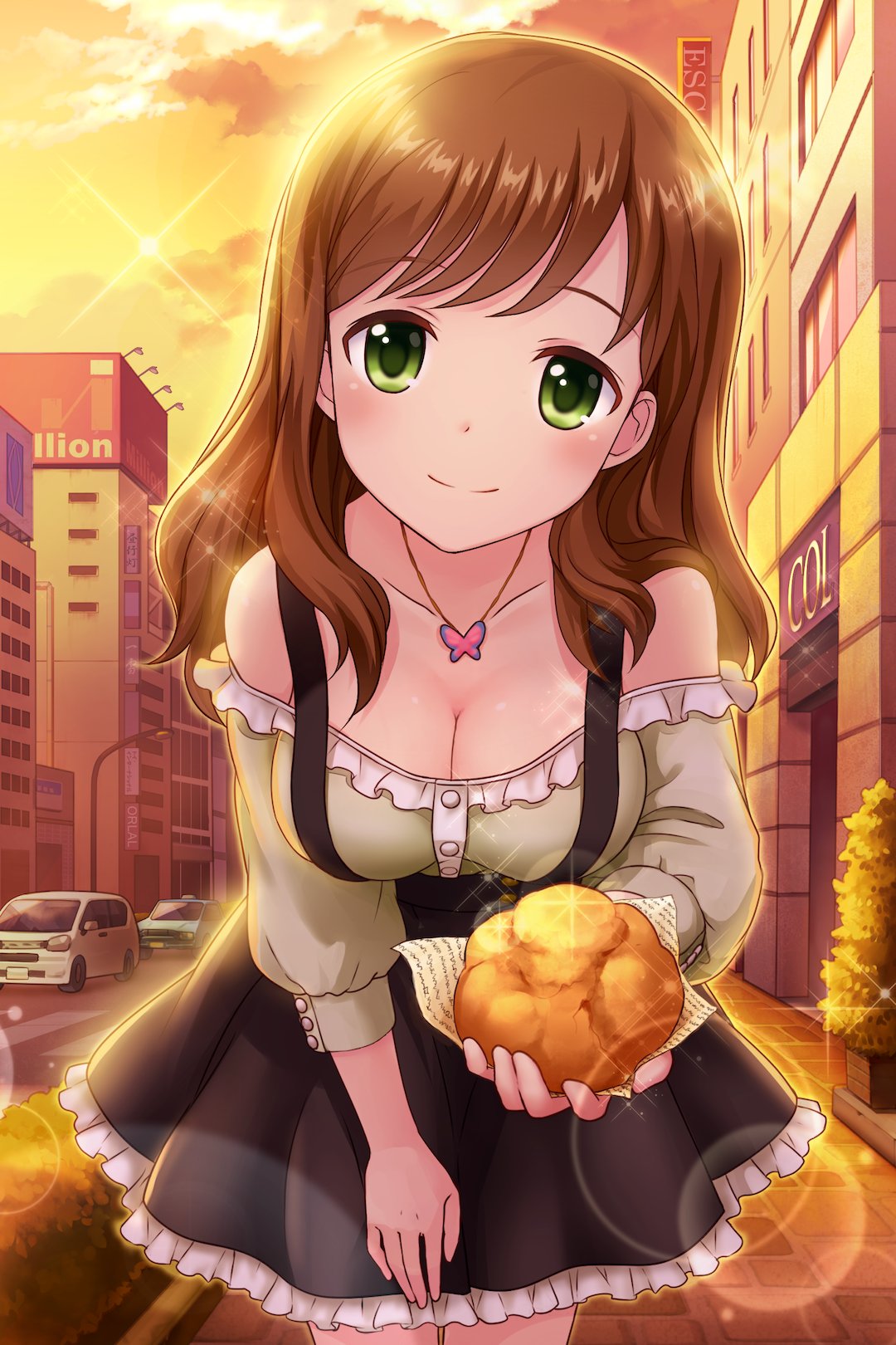 1girl alternative_girls bare_shoulders breasts butterfly_ornament food green_eyes hand_on_lap highres hirose_koharu jewelry long_hair necklace official_art smile