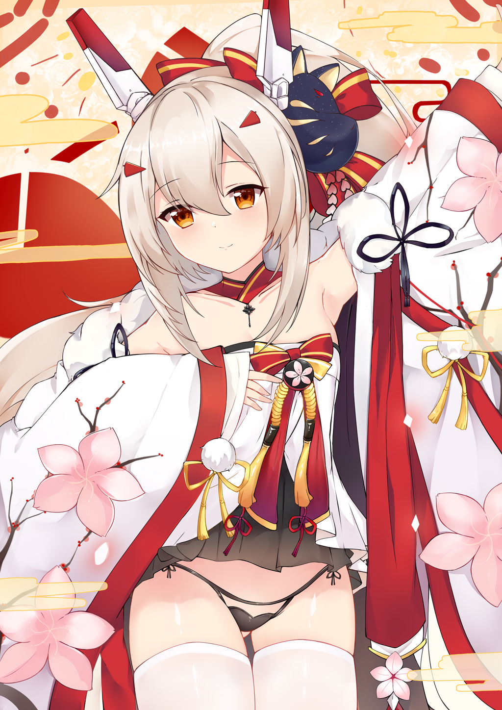 1girl arm_up armpits ass_visible_through_thighs ayanami_(azur_lane) ayanami_(pulse_of_the_new_year)_(azur_lane) azur_lane bare_shoulders black_panties bow brown_hair cherry_blossoms cowboy_shot fox_mask hair_bow hair_ornament haori headgear highres japanese_clothes kuaua long_hair long_sleeves looking_at_viewer mask mask_on_head miniskirt open_clothes orange_eyes panties ponytail skirt smile solo thigh-highs underwear white_legwear wide_sleeves