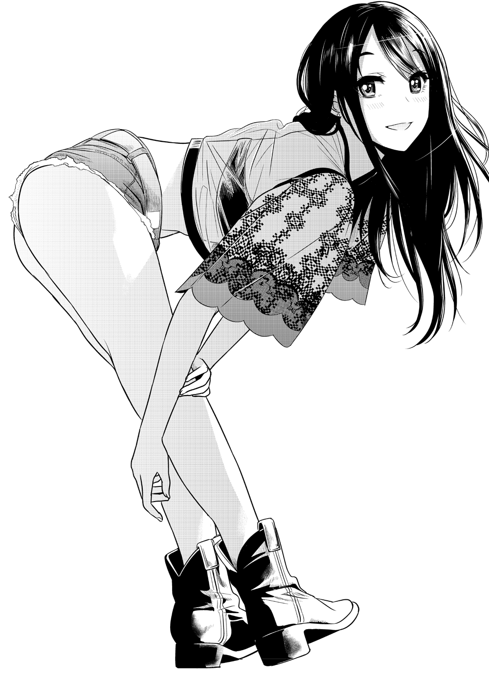 1girl ass belt bent_over boots bra crop_top cutoffs earrings greyscale hand_on_own_knee high_heel_boots high_heels highres idolmaster idolmaster_cinderella_girls jewelry kashiwagi_tatsuya long_hair looking_at_viewer looking_to_the_side micro_shorts midriff monochrome open_mouth see-through shibuya_rin short_sleeves shorts simple_background smile solo thighs underwear