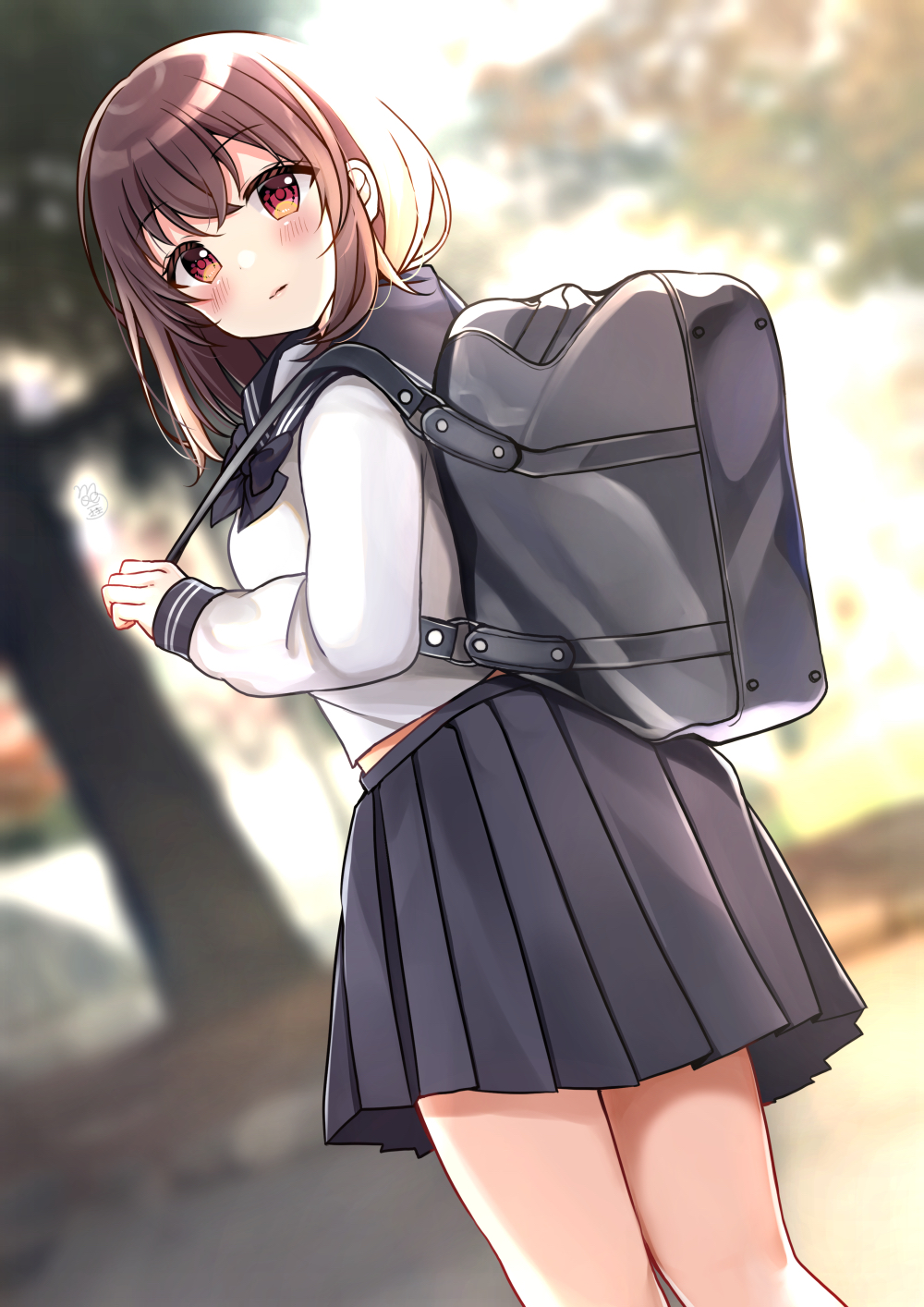 1girl bag bangs black_neckwear black_sailor_collar black_skirt blurry blurry_background blush bow bowtie brown_hair closed_mouth commentary_request depth_of_field dutch_angle eyebrows_visible_through_hair highres holding_strap long_sleeves looking_at_viewer looking_to_the_side minami_saki original pleated_skirt red_eyes sailor_collar school_bag school_uniform serafuku shirt signature skirt sleeves_past_wrists solo white_shirt