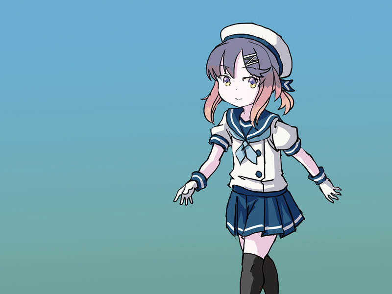 1girl adrian_ferrer black_legwear blue_background blue_neckwear blue_ribbon blue_sailor_collar blue_skirt commentary english_commentary gloves gradient gradient_background gradient_hair hat kantai_collection looking_at_viewer multicolored_hair neckerchief pleated_skirt puffy_short_sleeves puffy_sleeves purple_hair ribbon sailor_collar sailor_hat school_uniform serafuku short_hair short_sleeves sidelocks skirt solo standing thigh-highs tsushima_(kantai_collection) violet_eyes white_gloves white_headwear