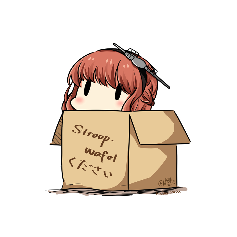 1girl box cardboard_box commentary_request dated de_ruyter_(kantai_collection) dutch_text hatsuzuki_527 headgear in_box in_container kantai_collection redhead simple_background solid_oval_eyes solo translation_request twitter_username white_background