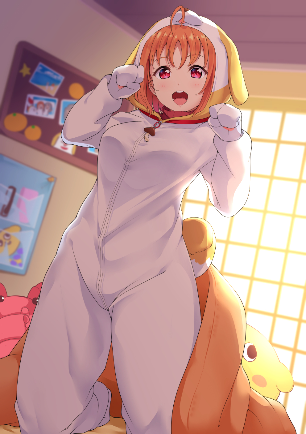 1girl ahoge animal_costume corkboard cosplay cowboy_shot dog_costume highres indoors kanabun kneeling looking_at_viewer love_live! love_live!_sunshine!! open_mouth orange_hair paw_pose red_eyes ribbon round_teeth shiitake_(love_live!_sunshine!!) shiitake_(love_live!_sunshine!!)_(cosplay) short_hair smile solo stuffed_toy takami_chika teeth upper_teeth window yellow_ribbon