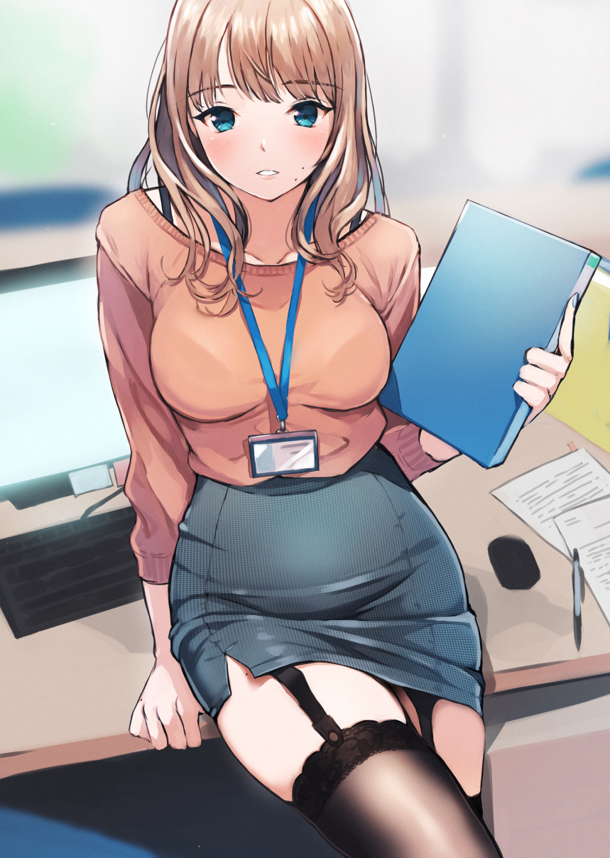 1girl arm_support binder blonde_hair blue_eyes bra_strap crossed_legs doushimasho eyebrows_visible_through_hair garter_belt_peek highres id_card keyboard looking_at_viewer mole mole_on_thigh monitor office_lady original sitting solo table thigh-highs