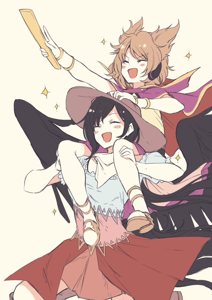 2girls arm_up beige_background black_hair black_wings blush_stickers bracelet brown_hair brown_headwear cape carrying closed_eyes cowboy_hat earmuffs hat hisona_(suaritesumi) jewelry kurokoma_saki long_hair multicolored_shirt multiple_girls open_mouth piggyback pointy_hair puffy_short_sleeves puffy_sleeves ritual_baton sandals short_sleeves simple_background smile touhou toyosatomimi_no_miko wings