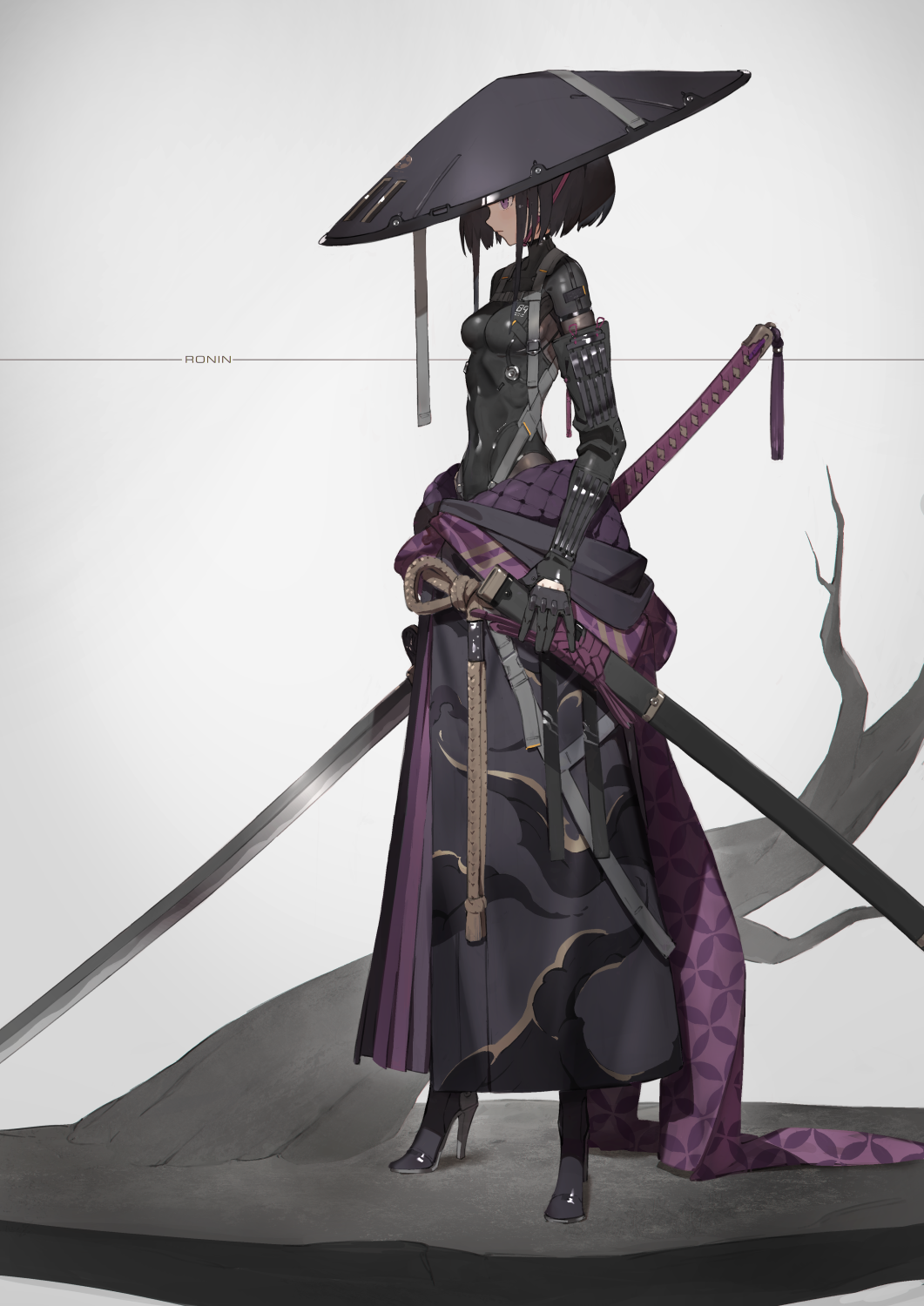 1girl black_hair bodysuit breasts english_commentary english_text full_body gauntlets grey_background hat high_heels highres holding holding_sword holding_weapon japanese_clothes katana neco original scabbard science_fiction sheath short_hair simple_background solo standing sword unsheathed violet_eyes weapon