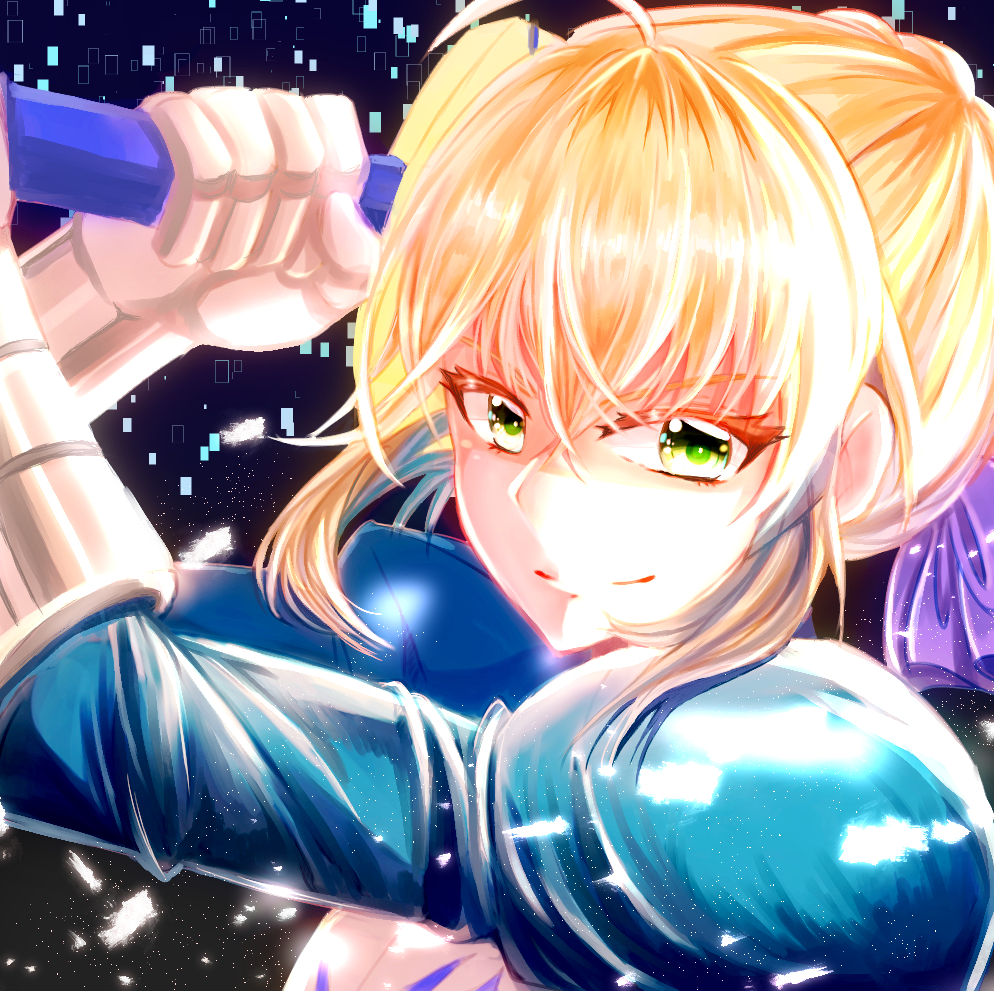 1girl artoria_pendragon_(all) bangs blonde_hair closed_mouth fate/stay_night fate_(series) gauntlets green_eyes hair_between_eyes hair_ribbon holding holding_weapon long_sleeves portrait purple_ribbon ribbon saber short_hair sidelocks smile solo toratora789 weapon