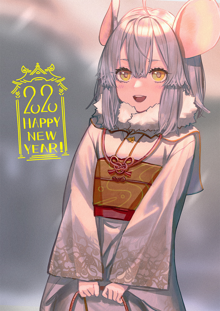 1girl 2020 :d animal_ears bangs blurry blurry_background brown_eyes chinese_zodiac commentary_request depth_of_field eyebrows_behind_hair fur_collar grey_hair hair_between_eyes happy_new_year highres holding japanese_clothes kimono long_sleeves looking_at_viewer mouse_ears new_year obi open_mouth original round_teeth sash sleeves_past_wrists smile solo teeth ukimesato upper_body upper_teeth v_arms white_kimono wide_sleeves year_of_the_rat