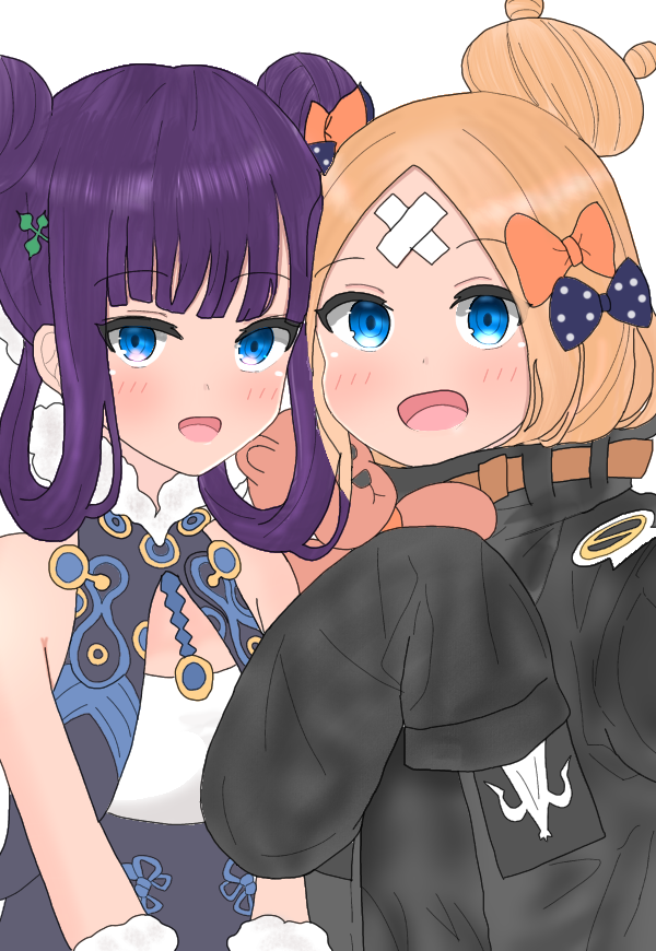 2girls :d abigail_williams_(fate/grand_order) atsumisu bangs bare_shoulders black_bow black_dress black_jacket blonde_hair blue_eyes blush bow commentary_request crossed_bandaids dress eyebrows_visible_through_hair fate/grand_order fate_(series) hair_bow hair_bun hair_rings hand_up heroic_spirit_traveling_outfit jacket long_hair long_sleeves multiple_girls object_hug open_mouth orange_bow parted_bangs polka_dot polka_dot_bow purple_hair simple_background sleeveless sleeveless_dress sleeves_past_fingers sleeves_past_wrists smile stuffed_animal stuffed_toy teddy_bear upper_body white_background yang_guifei_(fate/grand_order)