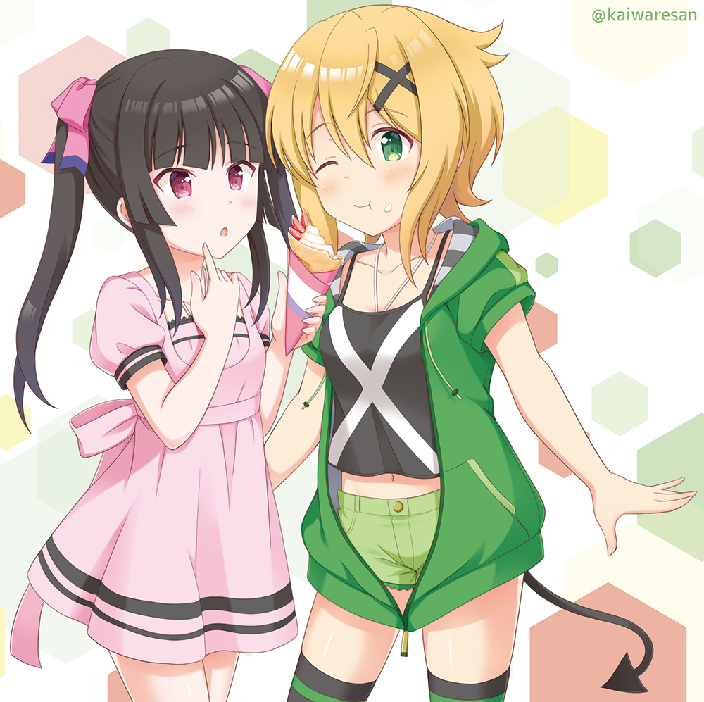2girls :o ;t akatsuki_kirika bangs black_camisole black_hair blonde_hair blush bow breasts camisole closed_mouth collarbone commentary_request crepe demon_tail drawstring dress eating eyebrows_visible_through_hair food green_eyes green_jacket green_shorts hair_between_eyes hair_bow hair_ornament holding holding_food hood hood_down hooded_jacket jacket kaiware-san midriff multiple_girls navel parted_lips pink_bow pink_dress puffy_short_sleeves puffy_sleeves senki_zesshou_symphogear short_shorts short_sleeves shorts sidelocks small_breasts striped striped_legwear tail thigh-highs tsukuyomi_shirabe twintails twitter_username violet_eyes x_hair_ornament