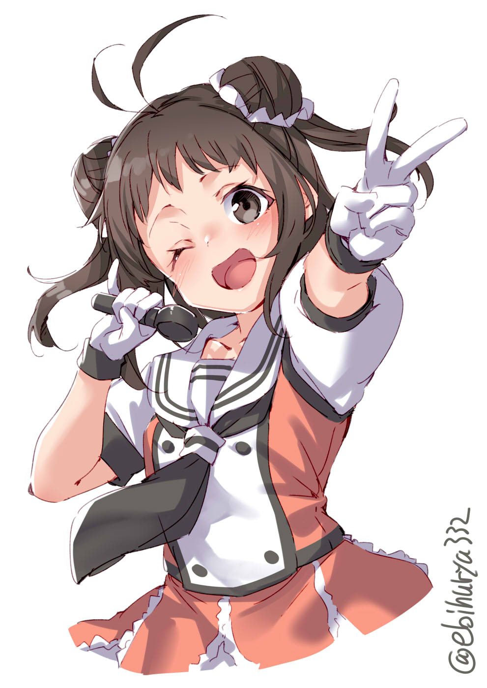 1girl ahoge black_neckwear blush brown_eyes brown_hair collarbone double_bun ebifurya gloves highres kantai_collection naka_(kantai_collection) neckerchief one_eye_closed open_mouth remodel_(kantai_collection) sailor_collar school_uniform serafuku short_hair short_sleeves simple_background smile solo twitter_username v white_background white_gloves white_sailor_collar