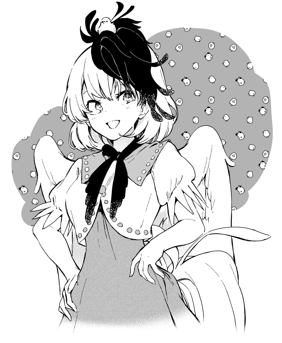 1girl animal animal_on_head bangs bird bird_wings breasts chick dress greyscale hand_on_hip hisona_(suaritesumi) looking_at_viewer medium_breasts monochrome multicolored_hair niwatari_kutaka on_head open_mouth puffy_short_sleeves puffy_sleeves shirt short_sleeves smile solo tail touhou white_background wings