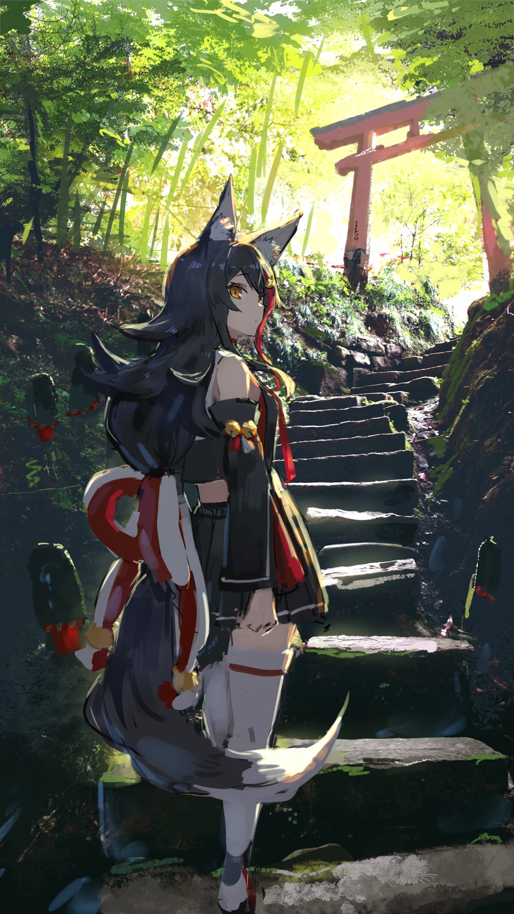 1girl animal_ear_fluff animal_ears bare_shoulders black_hair detached_sleeves from_behind full_body highres hololive izumi_sai long_hair looking_at_viewer ookami_mio solo tail thigh-highs torii very_long_hair virtual_youtuber white_legwear wolf_ears wolf_girl wolf_tail yellow_eyes