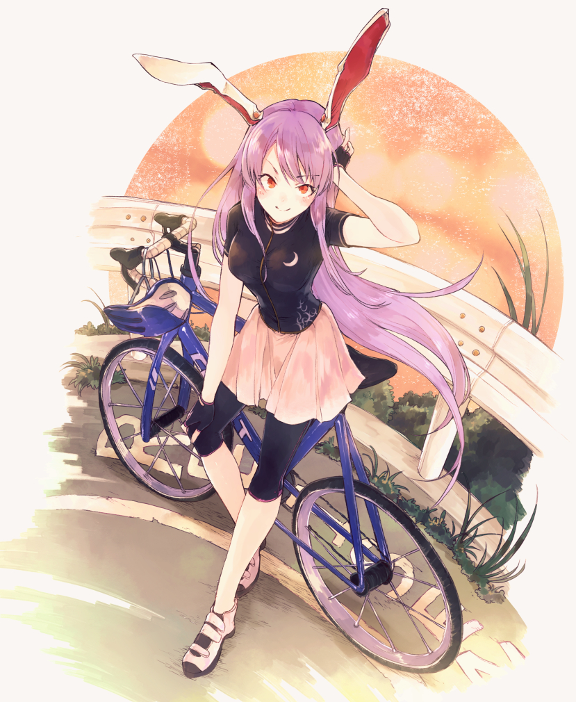 &gt;:) 1girl alternate_costume animal_ears arm_up bicycle bike_shorts black_gloves breasts closed_mouth commission crescent fingerless_gloves floating_hair gloves grass ground_vehicle hisona_(suaritesumi) long_hair looking_at_viewer medium_breasts outdoors pink_skirt purple_hair rabbit_ears railing red_eyes reisen_udongein_inaba shoes skirt smile solo touhou very_long_hair white_background