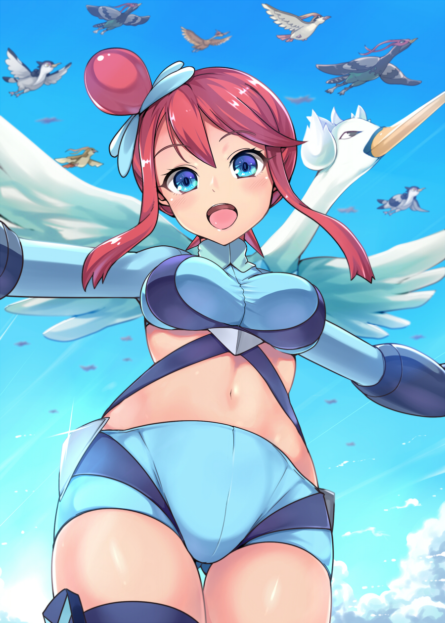 1girl :d ass_visible_through_thighs bird blue_eyes blue_shorts blue_sky breasts commentary_request cowboy_shot day eyebrows_visible_through_hair fearow from_below fuuro_(pokemon) gen_1_pokemon gen_5_pokemon glint hair_bun hair_ornament highres kasai_shin long_sleeves looking_at_viewer looking_down medium_breasts navel open_mouth outdoors outstretched_arms pidgeot pokemon pokemon_(creature) redhead short_hair_with_long_locks short_shorts shorts sidelocks sky smile stomach swan swanna thigh_gap thigh_strap tranquill unfezant