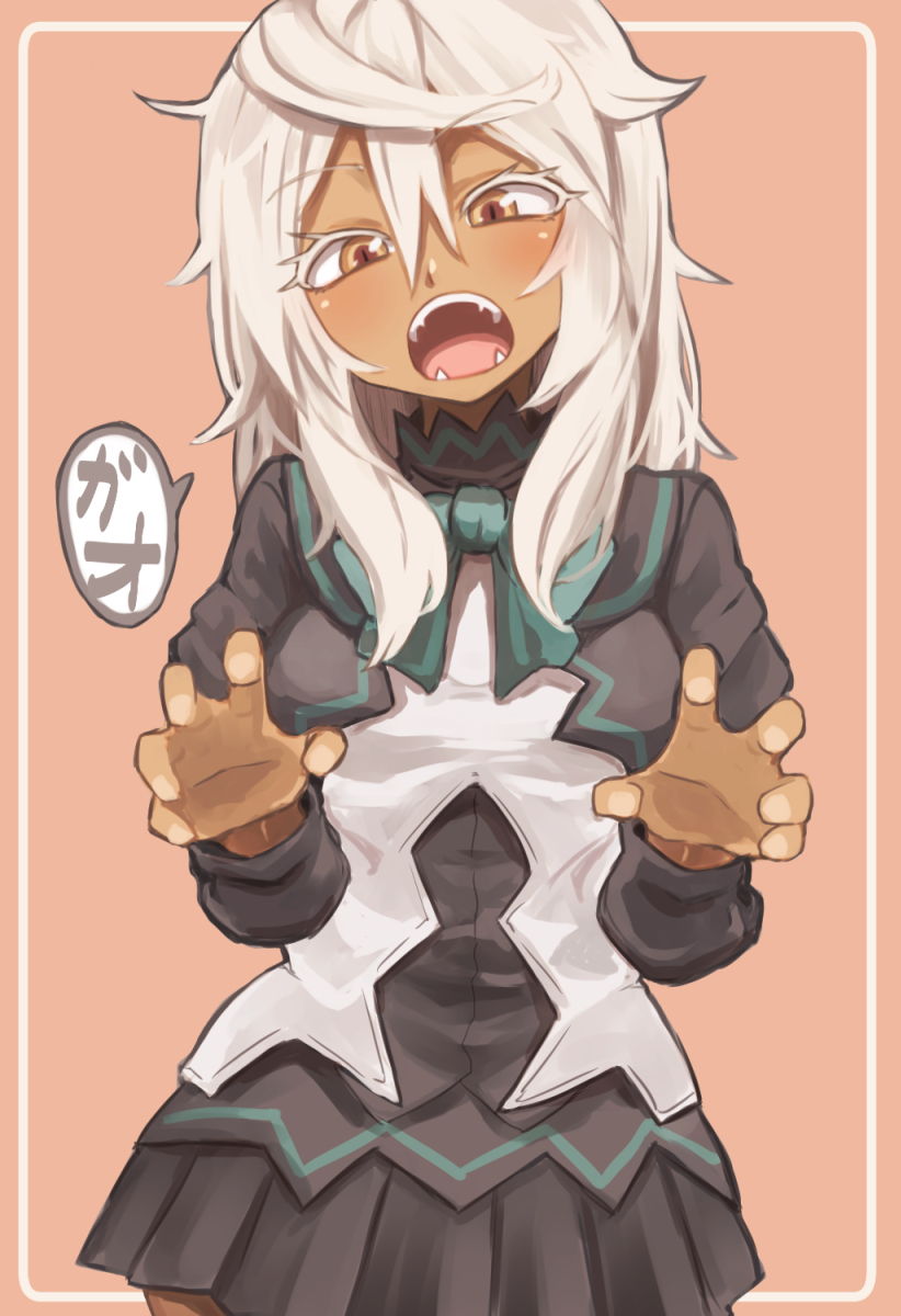 1girl blush breasts commentary_request dark_skin gazacy_(dai) guilty_gear guilty_gear_xrd highres long_hair looking_at_viewer medium_breasts orange_eyes ramlethal_valentine school_uniform simple_background solo white_hair