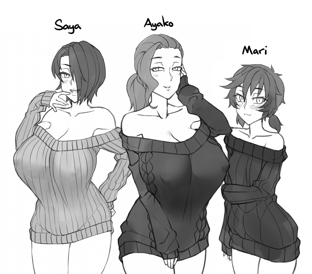 3girls :3 :d alternate_hairstyle aran_sweater arm_at_side arm_under_breasts ayako_(twrlare) bare_shoulders black_sweater blush breasts character_name collarbone commentary covered_nipples cowboy_shot english_commentary eyebrows_visible_through_hair eyes_visible_through_hair forehead freckles greyscale hair_over_one_eye hand_on_hip hand_on_own_cheek hand_to_own_mouth hand_up huge_breasts long_hair long_sleeves looking_at_viewer low_twintails mari_(twrlare) mature mole mole_under_eye monochrome mother_and_daughter mouth_visible_through_hair multiple_girls no_pants off-shoulder_sweater off_shoulder open_mouth original parted_lips ponytail ribbed_sweater saya_(twrlare) short_hair short_twintails siblings simple_background single_bare_shoulder sisters sleeves_past_wrists smile sweater twintails twrlare white_background