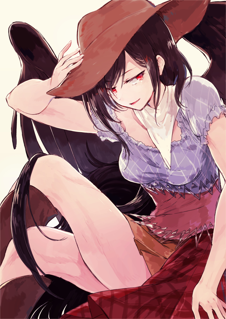 1girl black_hair black_wings boots brown_footwear brown_headwear cowboy_boots cowboy_hat feathered_wings hand_on_headwear hat highres hisona_(suaritesumi) kurokoma_saki long_hair long_ponytail low_ponytail miniskirt open_mouth orange_skirt plaid plaid_shirt ponytail red_eyes shirt short_sleeves sidelocks simple_background sitting skirt smile solo toned touhou very_long_hair white_neckwear wings