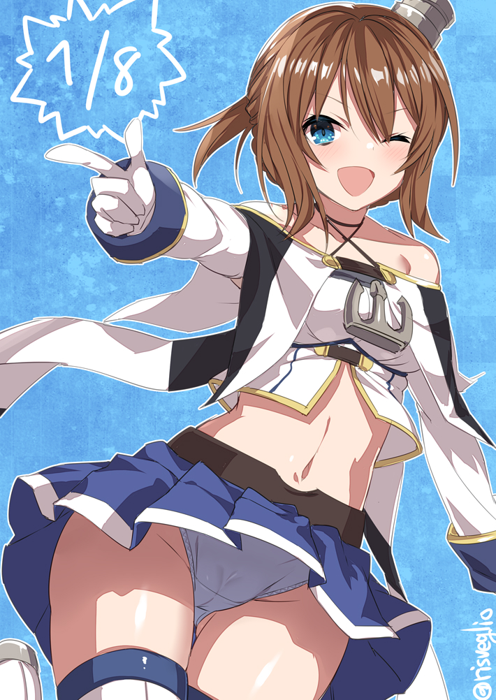 1girl anchor azur_lane bangs blue_eyes blue_skirt braid brown_hair capelet cowboy_shot crop_top finger_gun french_braid gloves halter_top halterneck hat long_sleeves midriff mini_hat miniskirt navel one_eye_closed open_mouth panties pantyshot pantyshot_(standing) pleated_skirt ponytail repulse_(azur_lane) short_hair short_ponytail skirt smile solo standing thigh-highs torimaru twitter_username underwear white_gloves white_legwear white_panties wind wind_lift