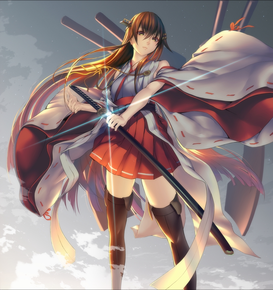 1girl bare_shoulders black_footwear black_hair boots brown_eyes detached_sleeves feet_out_of_frame from_below hair_ornament hairclip haruna_(kantai_collection) headgear holding holding_sword holding_weapon kantai_collection katana long_hair nontraditional_miko oki_(koi0koi) remodel_(kantai_collection) sheath solo sword thigh-highs thigh_boots unsheathing weapon wide_sleeves