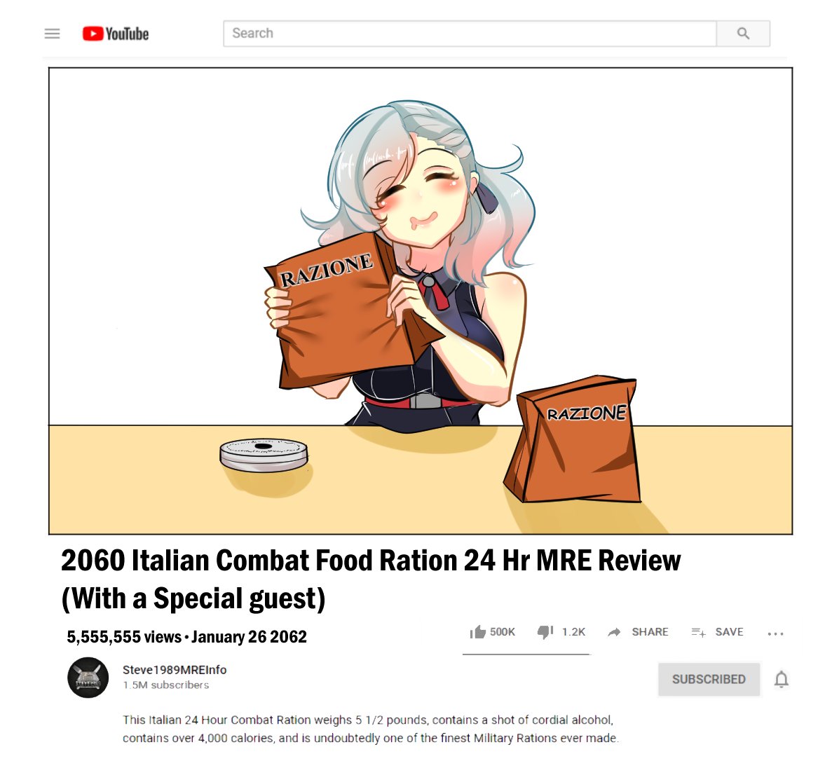 1girl abineko blush breasts closed_eyes crossover dated drooling english_text fake_video girls_frontline grey_hair large_breasts mouth_drool mre sleeveless solo spas-12_(girls_frontline) steve1989mreinfo video white_background youtube youtube_logo