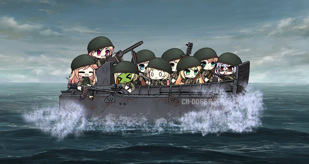 6+girls army artist_request boat character_request chibi closed_eyes d-day girls_frontline gun hat helmet landing_craft m1903_springfield_(girls_frontline) m2hb_(girls_frontline) machine_gun military military_hat military_uniform multiple_girls ocean rifle seasick submachine_gun sunglasses thompson_(girls_frontline) uniform watercraft weapon world_war_ii