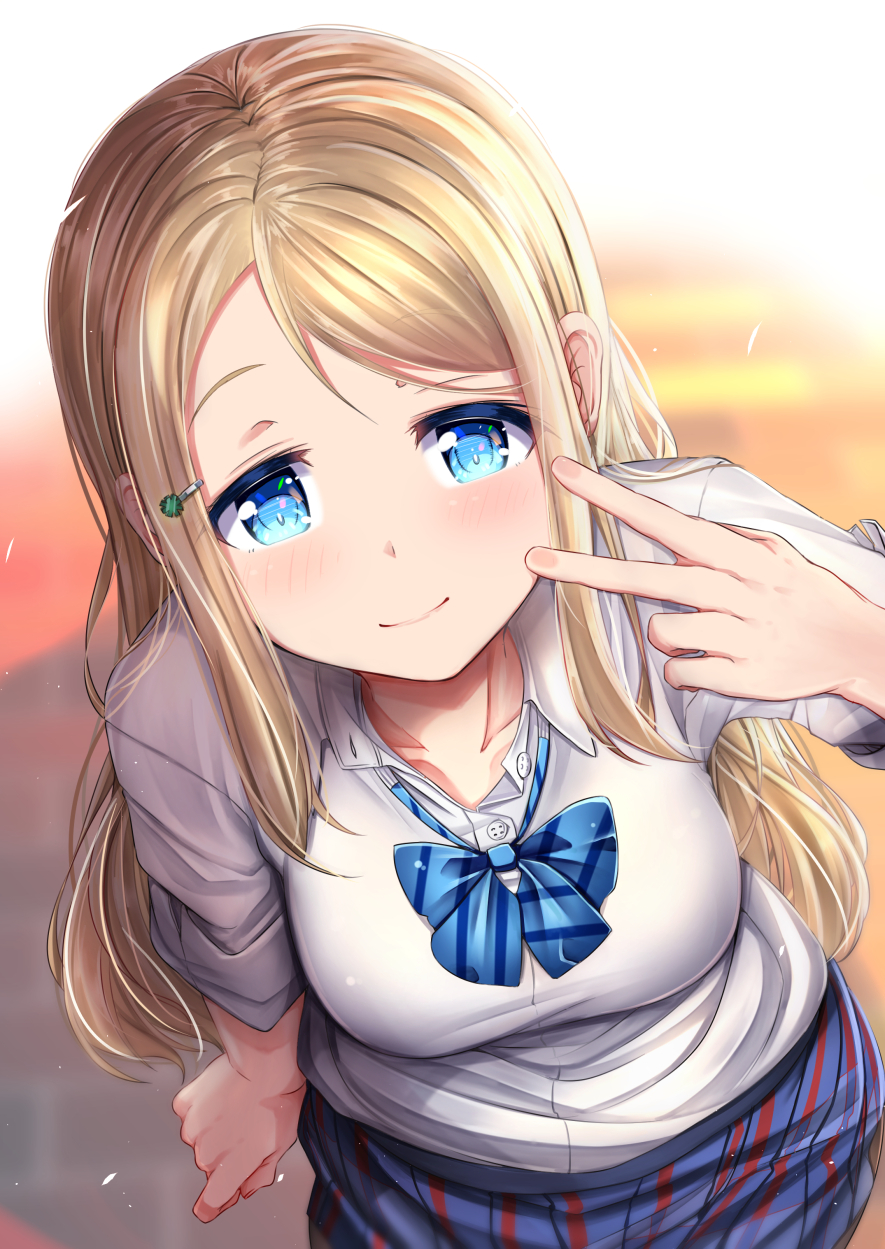 1girl ayase_arisa bangs blonde_hair blue_bow blue_eyes blue_skirt blurry blurry_background blush bow breasts closed_mouth collared_shirt commentary_request depth_of_field diagonal-striped_bow diagonal_stripes dress_shirt eyebrows_visible_through_hair from_above hair_ornament hairclip hand_up highres long_hair love_live! love_live!_school_idol_project mad_(hazukiken) medium_breasts otonokizaka_school_uniform pleated_skirt school_uniform shirt short_sleeves skirt smile solo striped swept_bangs v very_long_hair white_shirt