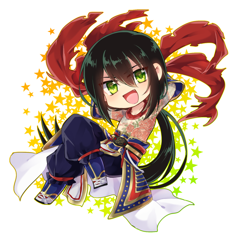 1boy arm_rest arms_behind_back black_hair chibi green_eyes lying_back male_focus monyoe open_mouth smile solo star tattoo yan_qing_(fate/grand_order)