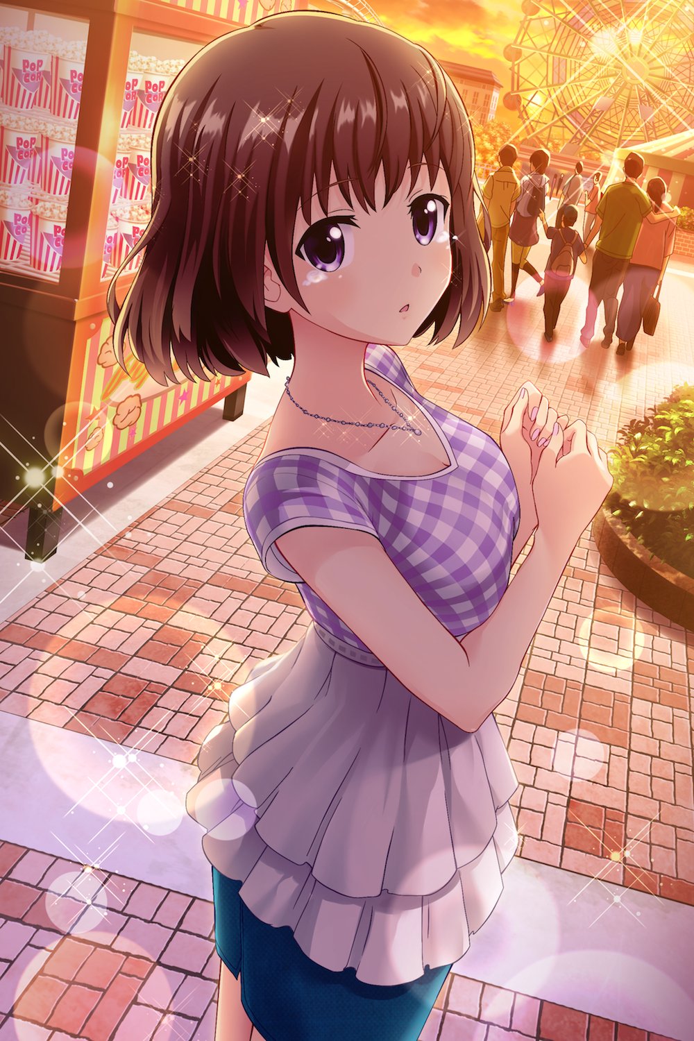 alternative_girls asahina_nono bare_arms brown_hair food from_side highres jewelry necklace official_art open_mouth popcorn purple_nails short_hair violet_eyes