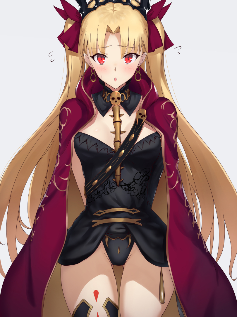 1girl akatsuki_ikki arms_behind_back asymmetrical_legwear asymmetrical_sleeves bangs between_breasts black_legwear black_leotard blonde_hair blush bow breasts cape detached_collar earrings ereshkigal_(fate/grand_order) fate/grand_order fate_(series) flying_sweatdrops gold_trim hair_bow infinity jewelry leotard long_hair looking_at_viewer medium_breasts open_mouth parted_bangs red_bow red_cape red_eyes simple_background single_sleeve single_thighhigh skull solo spine thigh-highs thighs tiara two_side_up white_background