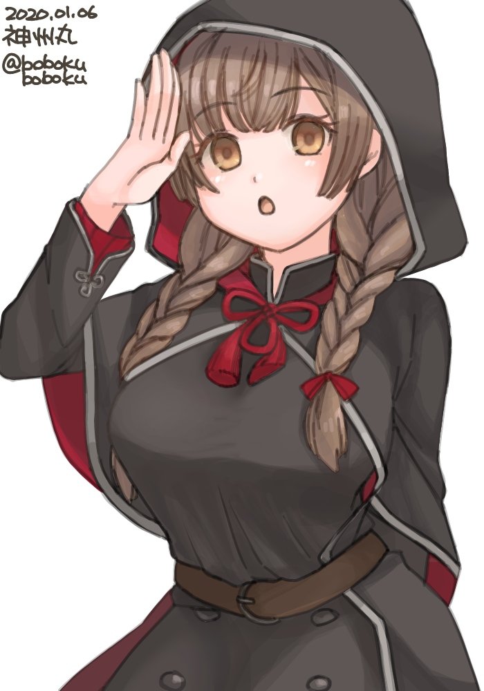 1girl artist_name belt black_capelet black_dress bobokuboboku braid breasts brown_belt brown_eyes brown_hair capelet character_name commentary_request dress hair_ribbon hood hooded_capelet kantai_collection large_breasts long_hair long_sleeves looking_at_viewer namesake red_ribbon ribbon salute shinshuu_maru_(kantai_collection) simple_background solo twin_braids white_background