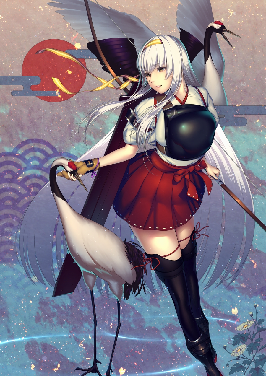 1girl bangs bird black_footwear boots bow_(weapon) brown_eyes brown_gloves crane_(animal) egasumi feet_out_of_frame gloves hairband highres holding holding_bow_(weapon) holding_weapon japanese_clothes kantai_collection legs_together light_particles long_hair looking_away looking_to_the_side muneate oki_(koi0koi) partly_fingerless_gloves pleated_skirt red_skirt red_sun remodel_(kantai_collection) seigaiha shoukaku_(kantai_collection) single_glove skirt solo standing thigh-highs thigh_boots very_long_hair weapon white_hair yugake