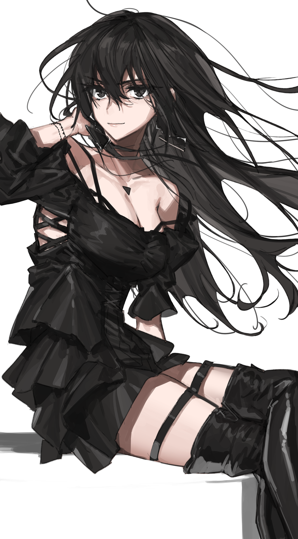 1girl black_dress black_eyes black_hair dress earrings highres jewelry long_hair looking_at_viewer off_shoulder original puffy_sleeves sitting smile solo tattoo thigh-highs wattaro white_background