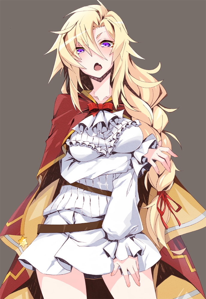 1girl blonde_hair breasts capelet chateau_gaillard_(oshiro_project) fang grey_background hair_between_eyes large_breasts long_hair looking_at_viewer nayutarou_(nyt_kag) open_mouth oshiro_project oshiro_project_re red_capelet simple_background solo violet_eyes